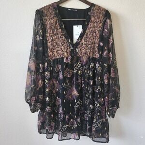 NWT Zara Floral Peasant Mini Dress Whimsigoth Cottagecore Sheer Sleeve Large
